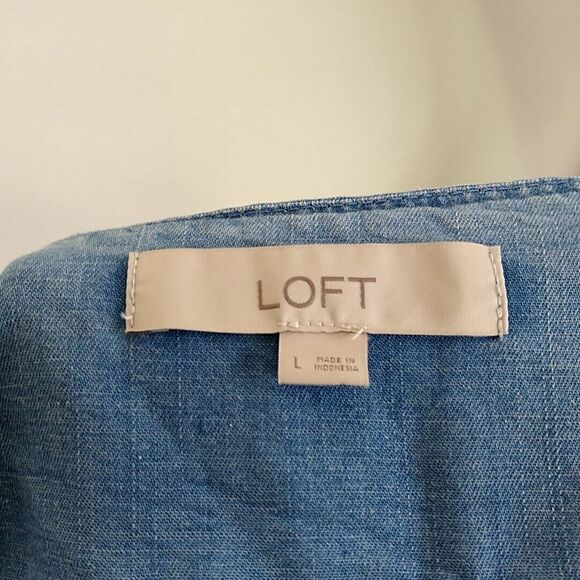 LOFT Womens sz L Top Solid Blue Chambray VNeck Wrap Tie Hem 3/4 Sleeve Blouse - Picture 7 of 8